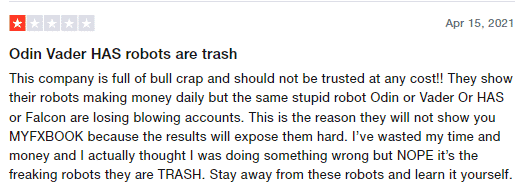 User review for Reaper Forex Robot on the Trustpilot site.